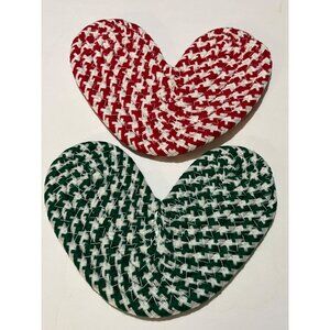 Woven Heart-Shaped Hot Pads Set Of 2 Red & Green Handmade Acrylic 100%